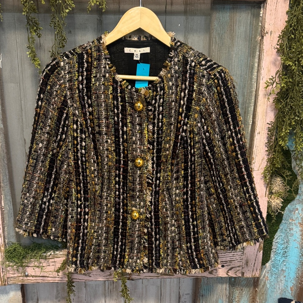 CAbi Tweed Fringe Jacket Gold Button Wool Blend M
